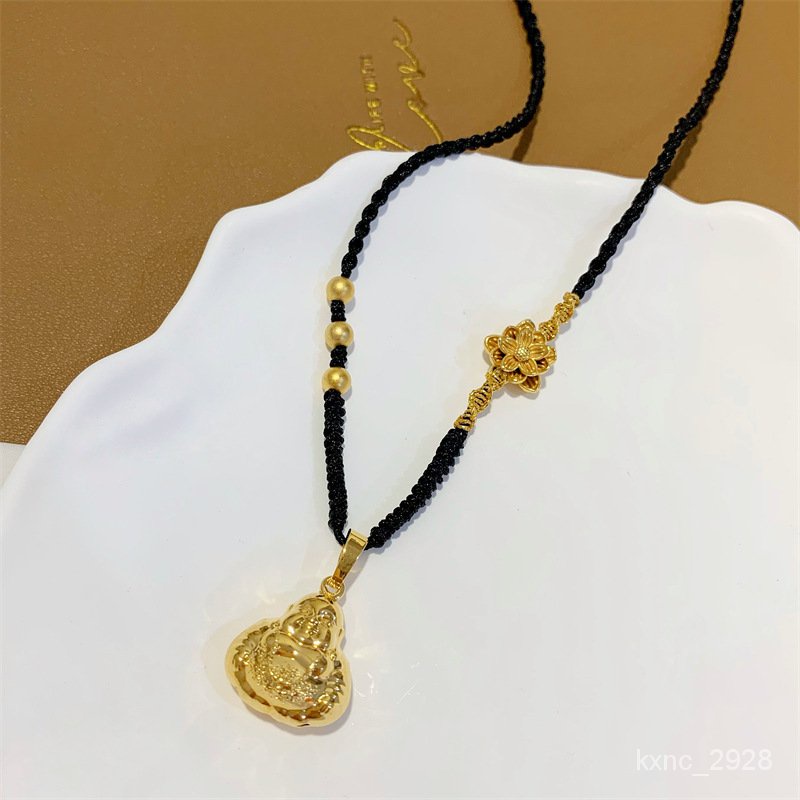 Get gifts/QM Consecrated Ancient Heritage Alluvial Gold Lotus Gold Beads Accessories Jewelry Hand-Woven Black Rope Mait