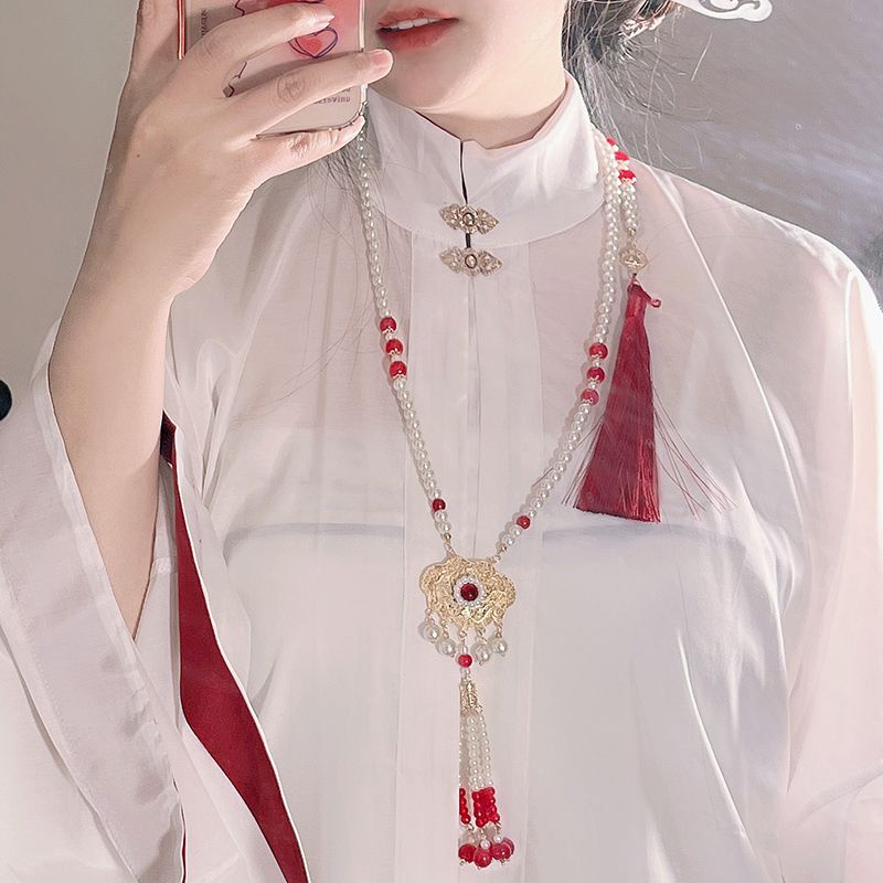 ✨Hanfu wreaths all long Ming late wind back YunMing & broom making horse face Hanfu Chang Yingluo Ming Made Night wind back Yun Ming Made horse face Skirt Safe Lock Pearl Necklace Red Antique Accessories XQ06