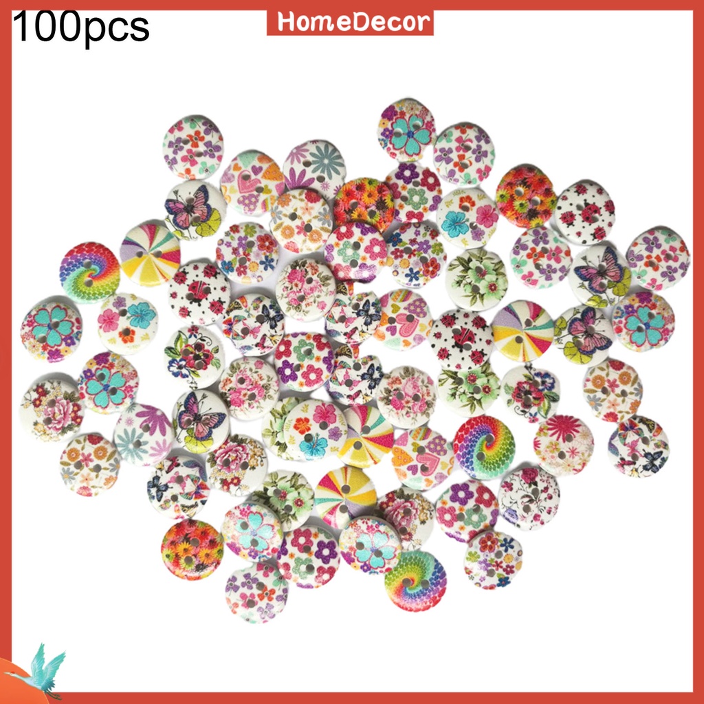<HD> 100Pcs Flower Print Wood Buttons 2 Holes Scrapbook Clothing Sewing DIY Crafts