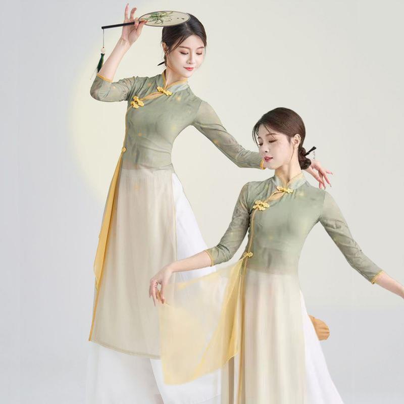 Improved cheongsam classical dance clothing acrobatics Practice Performance Dedicated Chinese Style High Elasticity Slim-Fit Thin Waist Rhyme Gauze 4.6