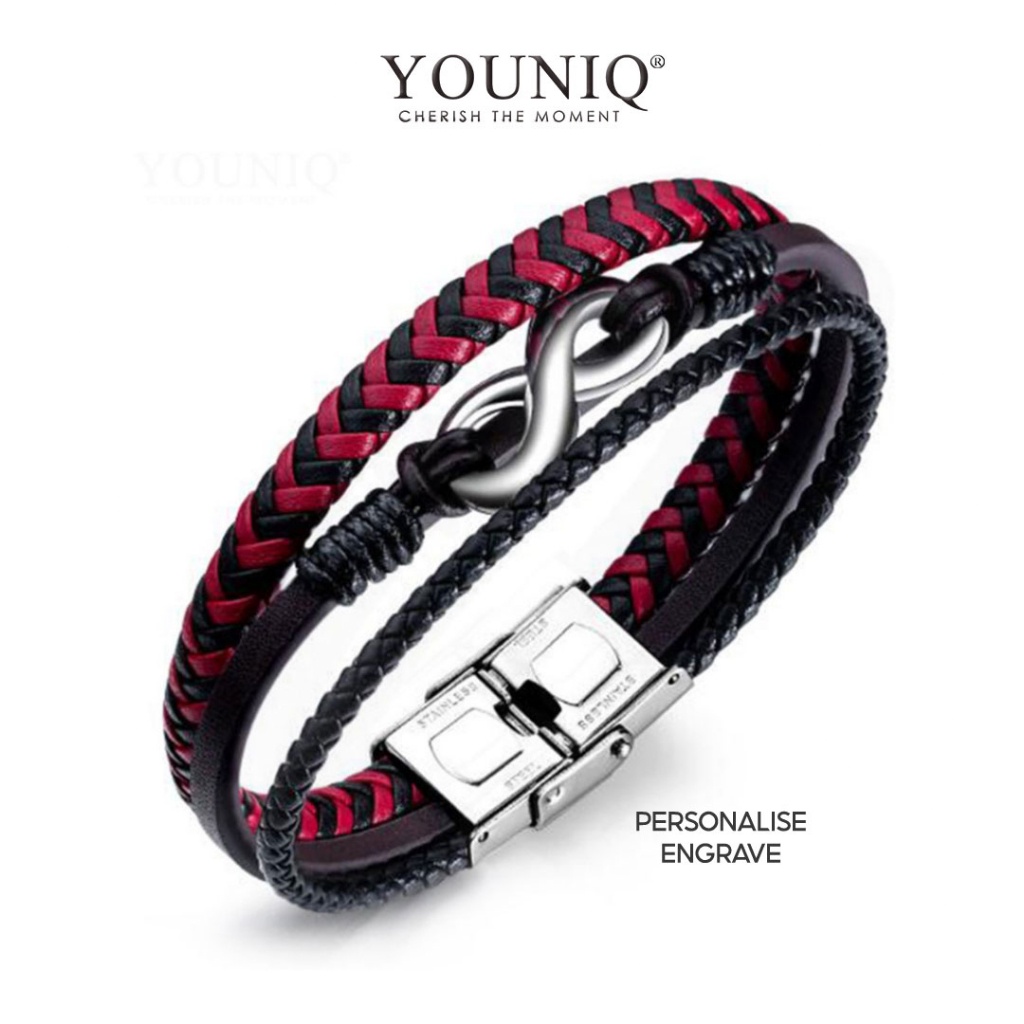 YOUNIQ Titanium Steel Infinity 3 Layer Red Black Genuine Leather Men Bracelet EG