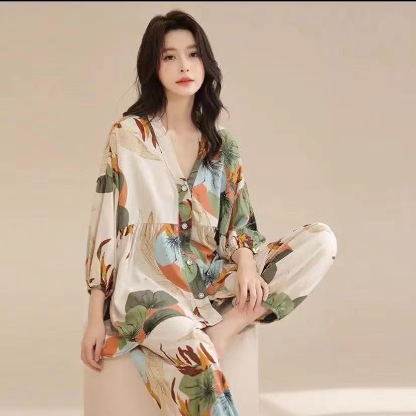 Cotton silk pajamas for women, spring and summer three-quarter sleeve trousers, thin suits, large size air-conditioned c
