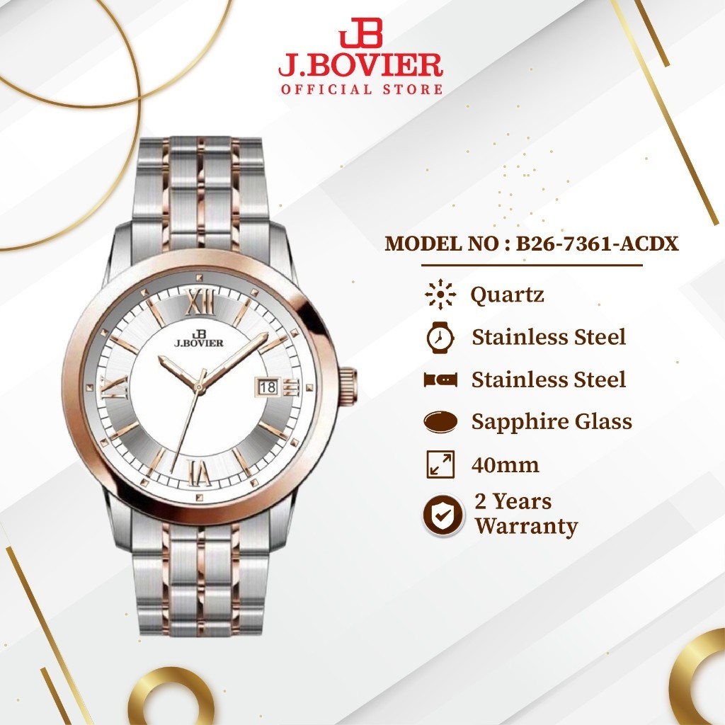 [2 Years Warranty] J.Bovier Quartz Men Watch Jam Tangan Lelaki B26-7361-ACDX