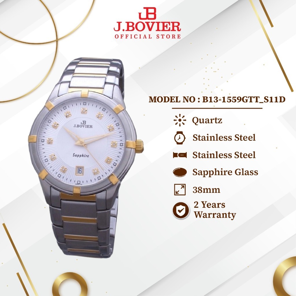 [2 Years Warranty] J.Bovier Stainless Steel Quartz Men Watch Jam Tangan Lelaki B13-1559GTT_S11D