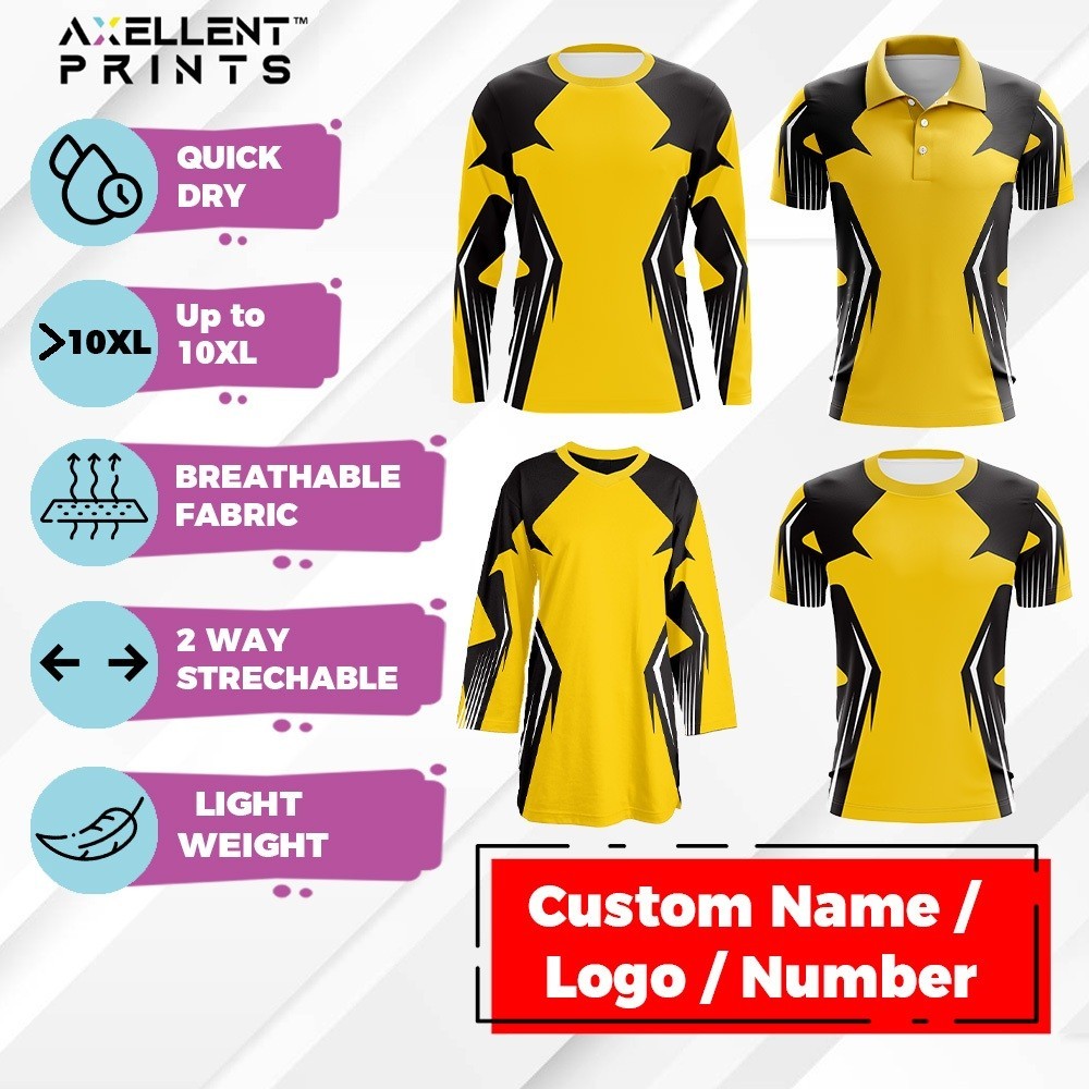 Axellent Yellow Tribal Jersey jersi kuning baju custom nama lengan panjang pendek muslimah polo kid family sukan bola