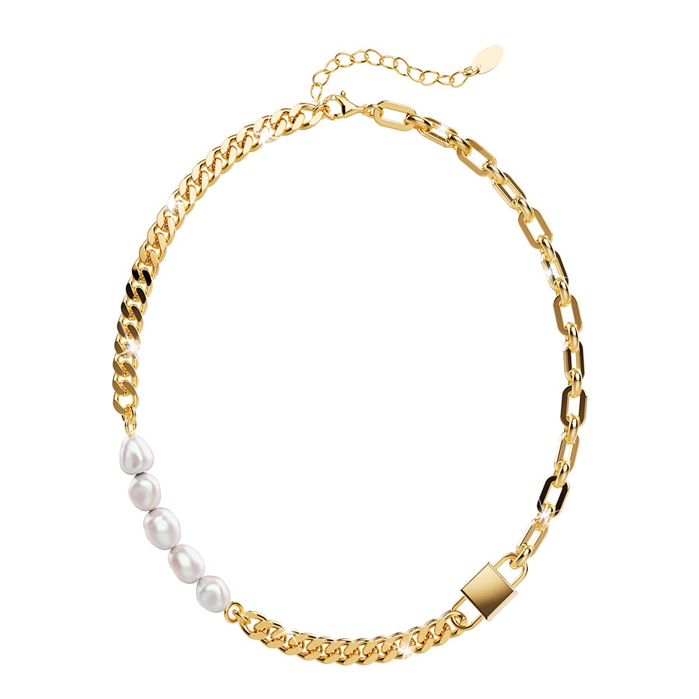 BULLION GOLD Paperclip Cuban Chain Link Pearl Necklace in Gold