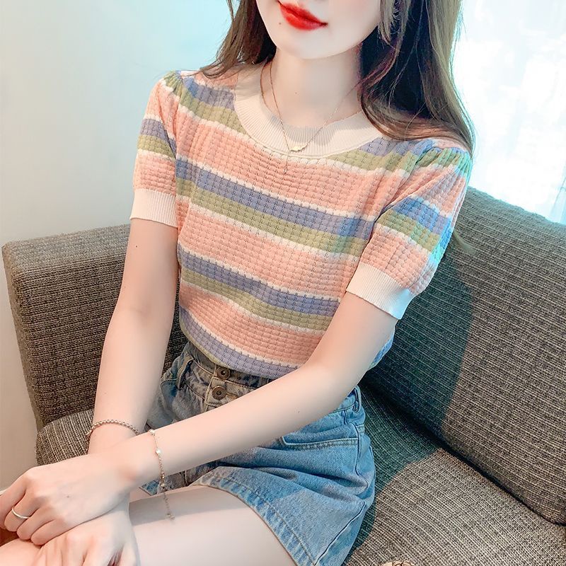 Korean Gentle Stripe Knitted Short Sleeve T-shirt韩系温柔条纹针织短袖T恤女2023夏季新款圆领撞色设计感短款上衣11.20