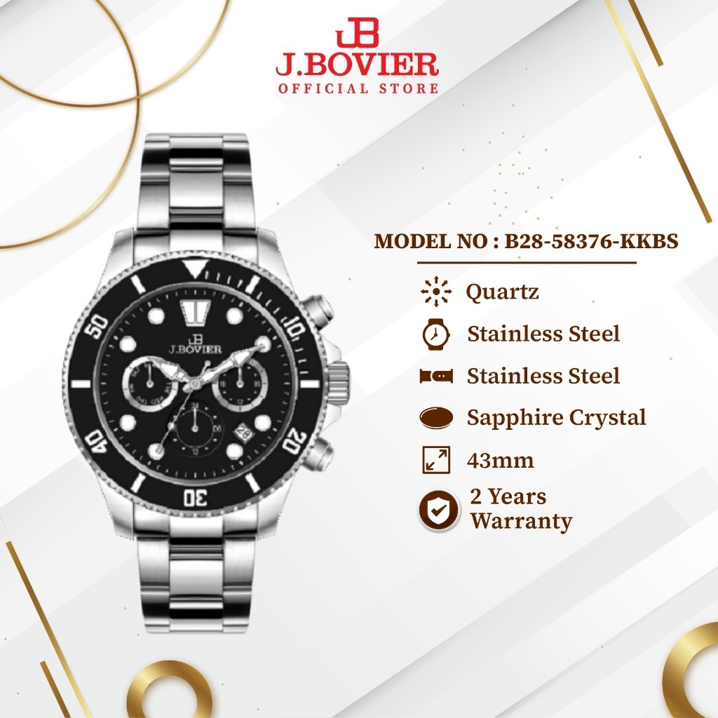 [2 Years Warranty] J.Bovier Chronograph Stainless Steel Quartz Men Watch Jam Tangan Lelaki  B28-58376-KKBS