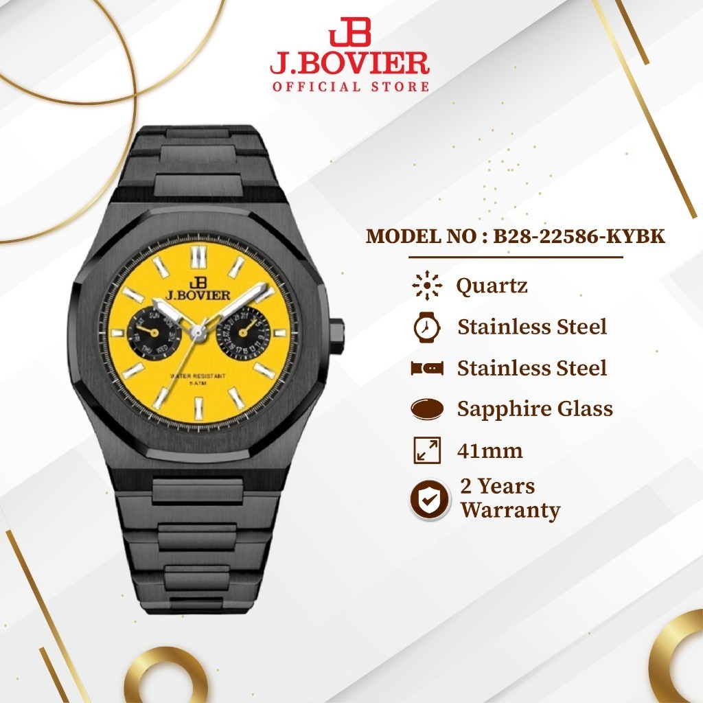 [2 Years Warranty] J.Bovier Stainless Steel Quartz Unisex Watch Jam Tangan B28-22586-KYBK