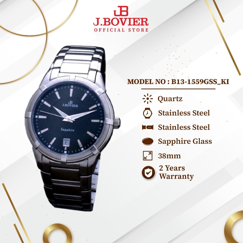 [2 Years Warranty] J.Bovier Stainless Steel Quartz Men Watch Jam Tangan Wanita B13-1559GSS_KI