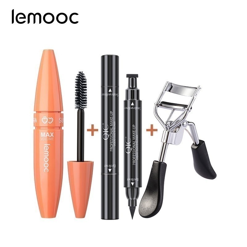 LEMOOC Eyes Makeup Set Mascara & Liquid Eyeliner Stamp Waterproof & Eyelash Curler For Eyelash Extension Makeup Eye Set