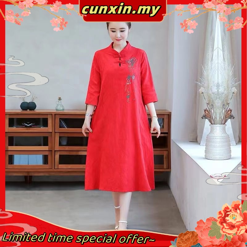 L-3XL ready stock traditional plus size ladies women midi dress cheongsam Qipao Malaysia spot womens clothing new fatmma