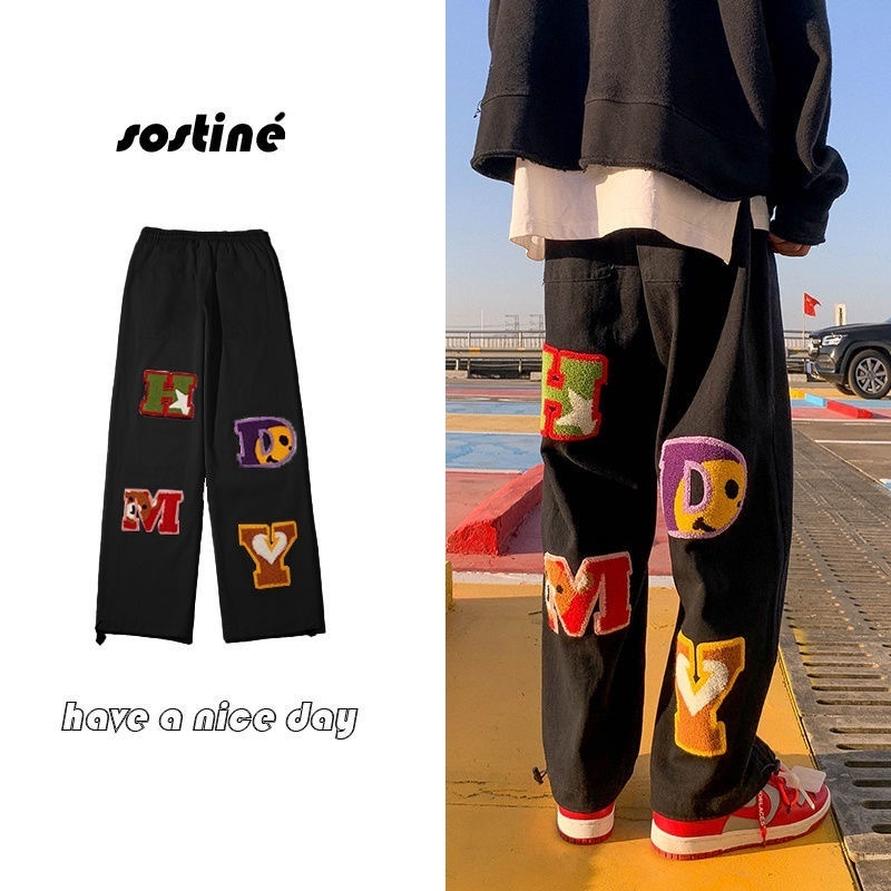 Unisex Letter embroidery straight pants tide brand hip-hop y2k high street wide-leg pants sportswear casual couple retro fashion loose
