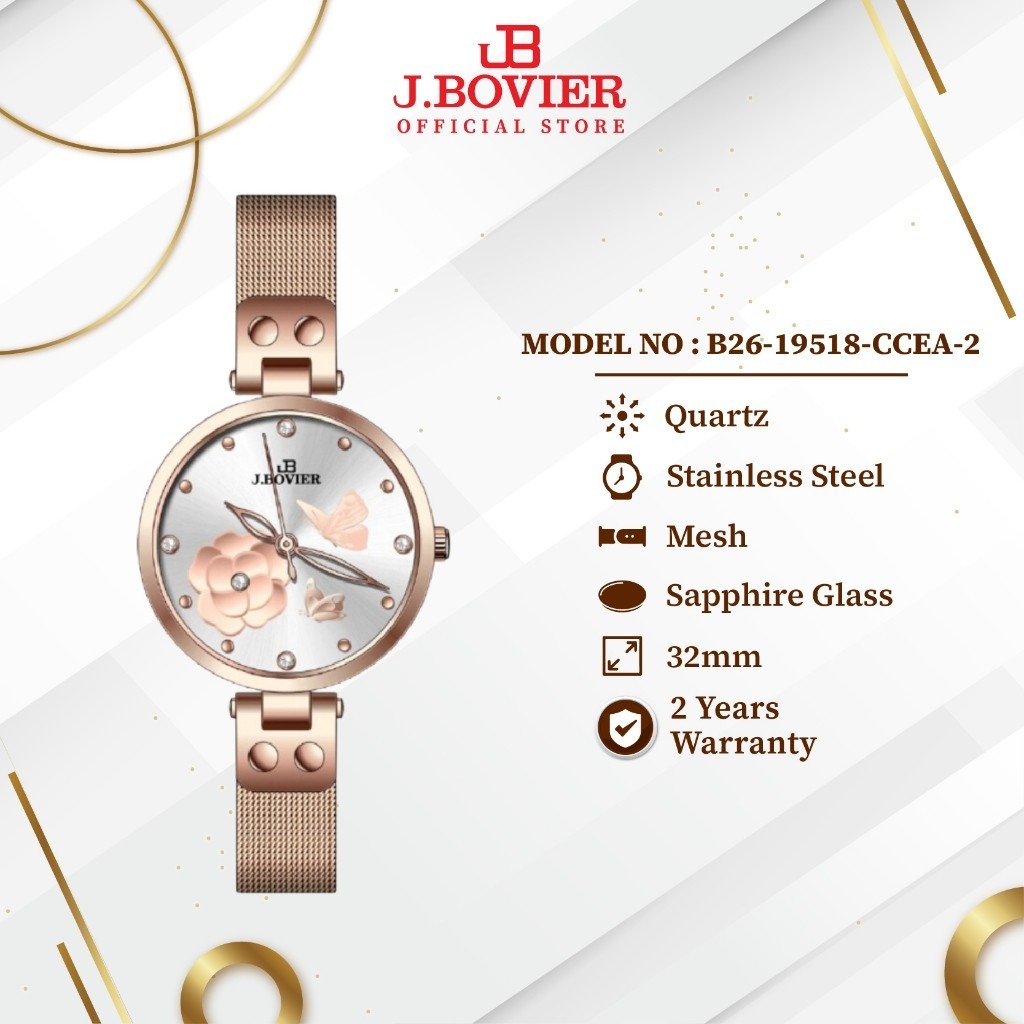 [2 Years Warranty] J.Bovier Quartz Women Watch Jam Tangan Wanita B26-19518-CCEA-2