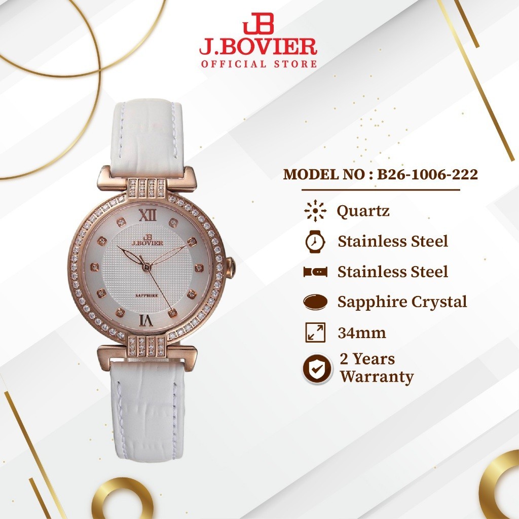 [2 Years Warranty] J.Bovier Leather Quartz Women Watch Jam Tangan Wanita B26-1006-222