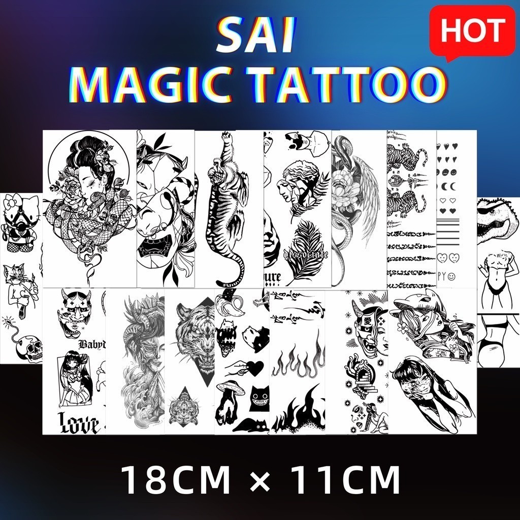 SAI MAGIC TATTOO Lasts to 2 weeks Tattoo sticker waterproof long lasting Temporary fake tattoo Snake Butterfly Arrow Compass Flame Small Planet Moon Feather Flower Witch Fish Medusa Dragon Arm Band Japanese Bushido Female Warrior Valkyrie Letter