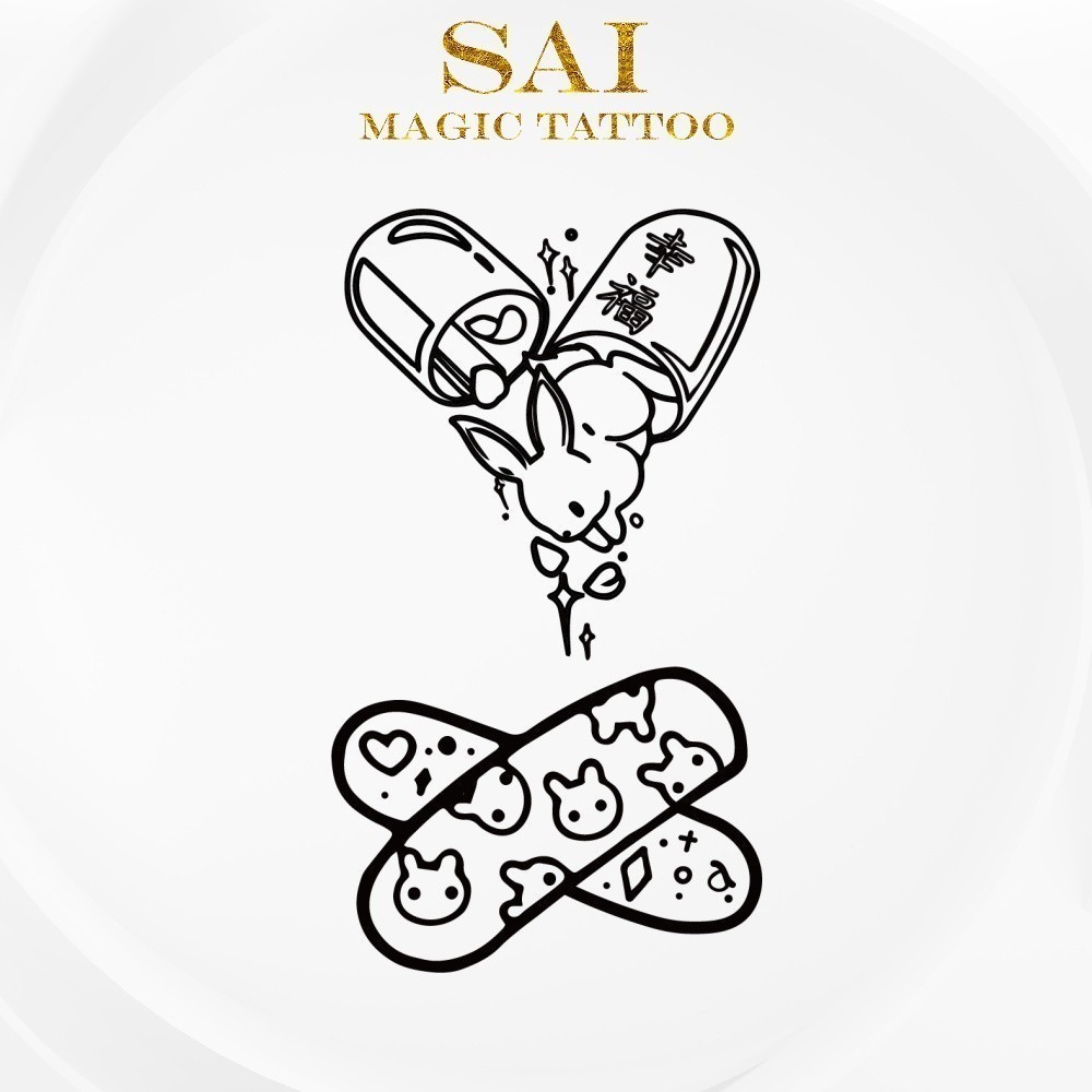 SAI MAGIC TATTOO Lasts to 2 weeks 10CM×06CM Tattoo sticker waterproof long lasting Temporary fake tattoo Rabbit Bunny Capsule Bandage Cute Minimalist Small Little Finger Tattoo Wrist Herbal Henna Tattoo 449