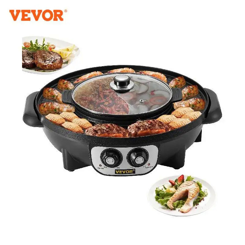 VEVOR 2 in 1 Electric Hot Pot BBQ Grill 2200W Multifunction Portable Home Non-Stick Split Pot Smokeless Skillet Barbecue