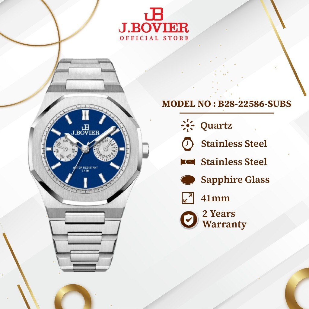 [2 Years Warranty] J.Bovier Stainless Steel Quartz Unisex Watch Jam Tangan Unisex B28-22586-SUBS