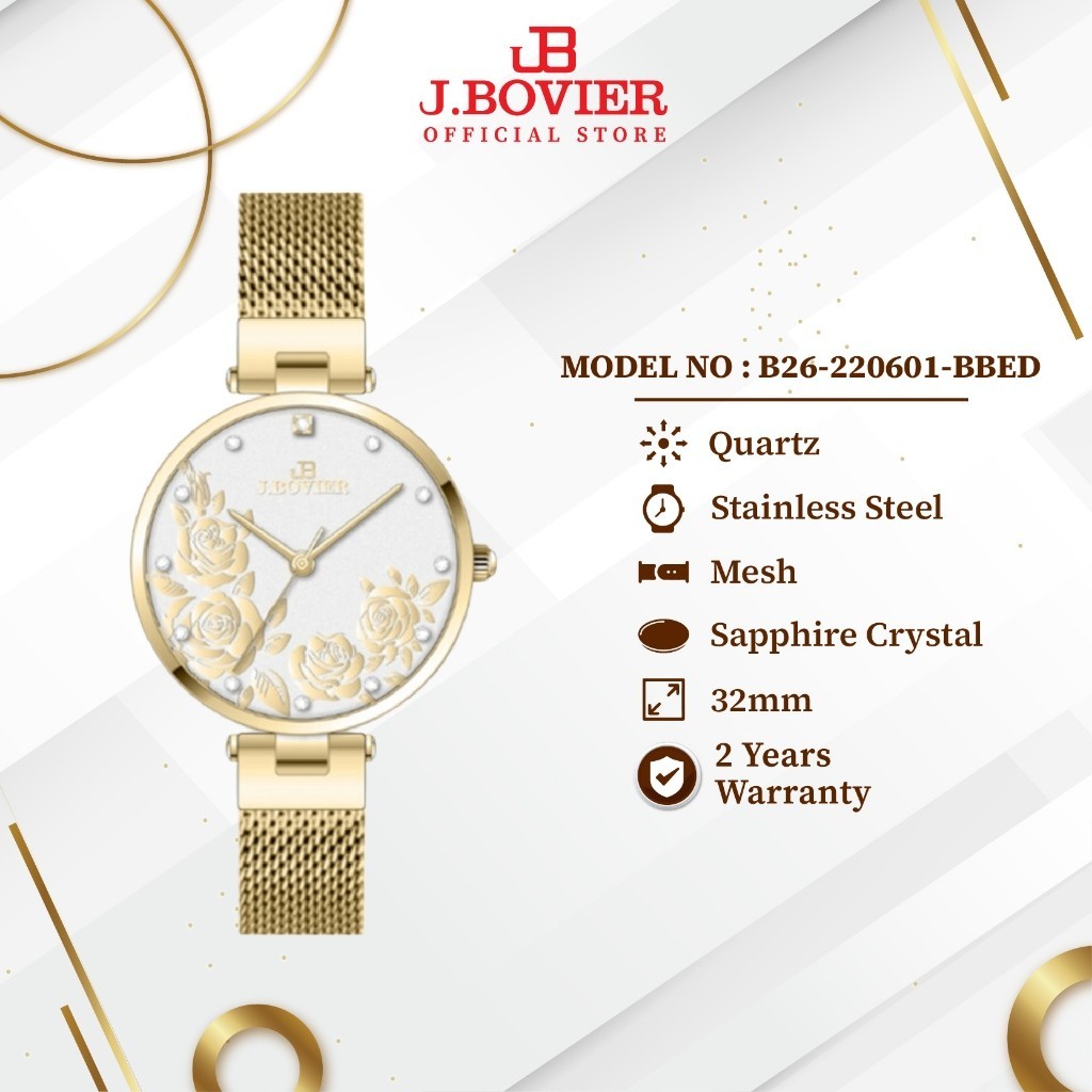 [2 Years Warranty] J.Bovier Flower Dial Quartz Women Watch Jam Tangan Wanita B26-220601-BBED