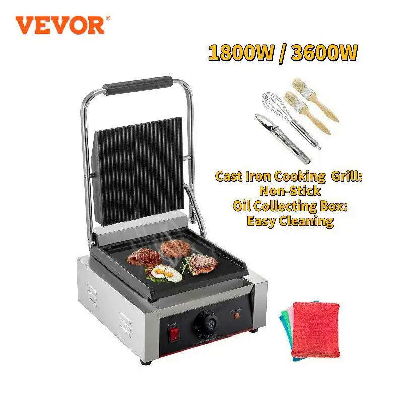 VEVOR Electric Contact Grill Griddle Commercial Panini Press Grill Non-Stick for Outdoor Camping Cooking Sandwiches Stea