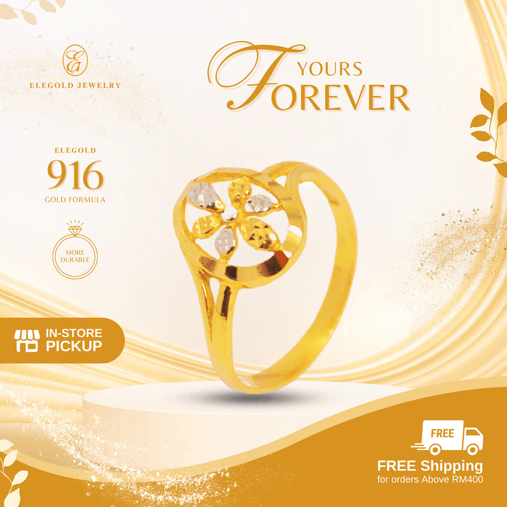 Elegold Vintage Styled Flower White Gold Plated 916 Gold Ring