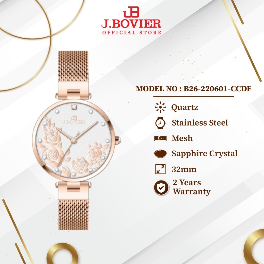 [2 Years Warranty] J.Bovier Flower Dial Quartz Women Watch Jam Tangan Wanita B26-220601-CCDF