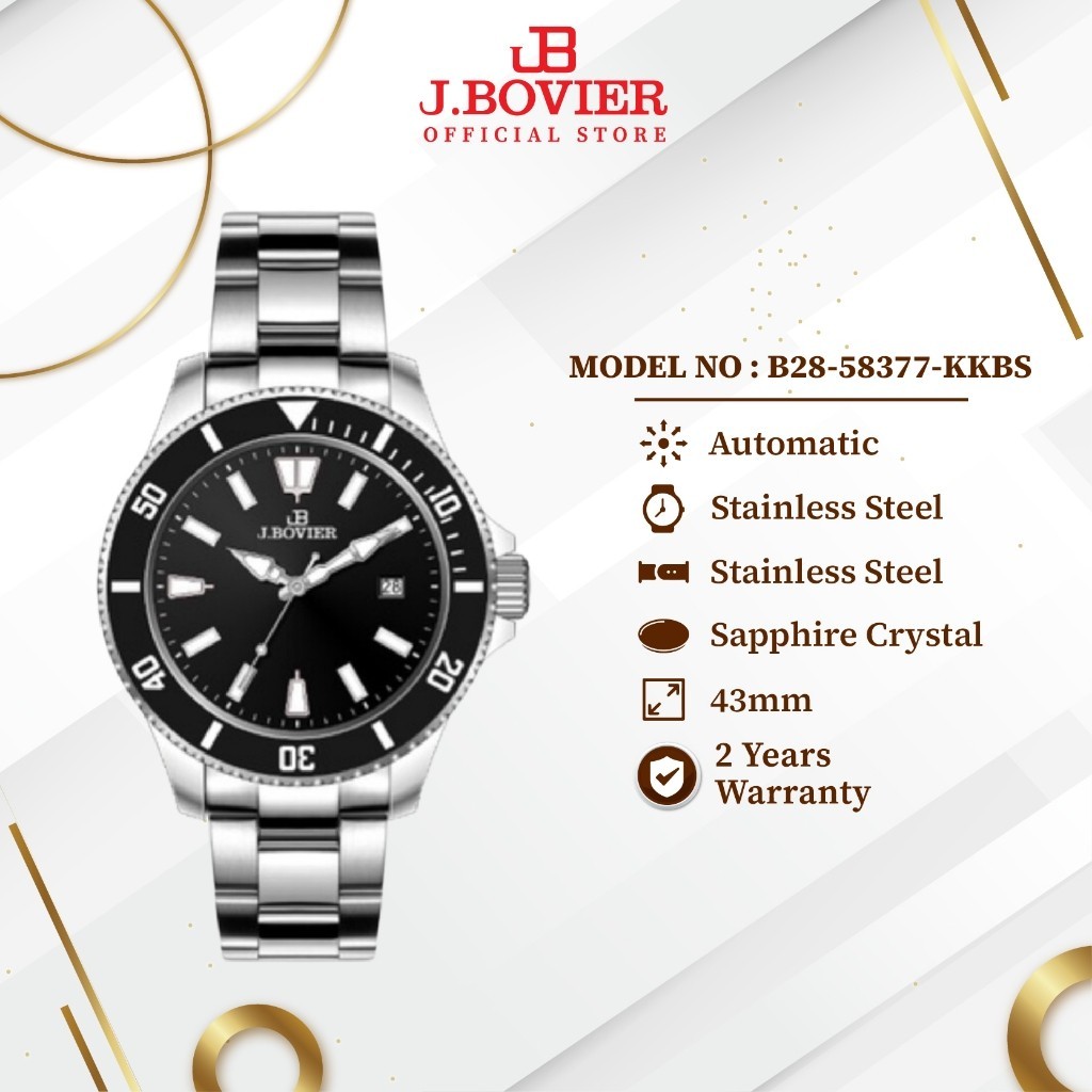 [2 Years Warranty] J.Bovier Japan Movement Automatic Men Watch Jam Tangan Lelaki B28-58377-KKBS