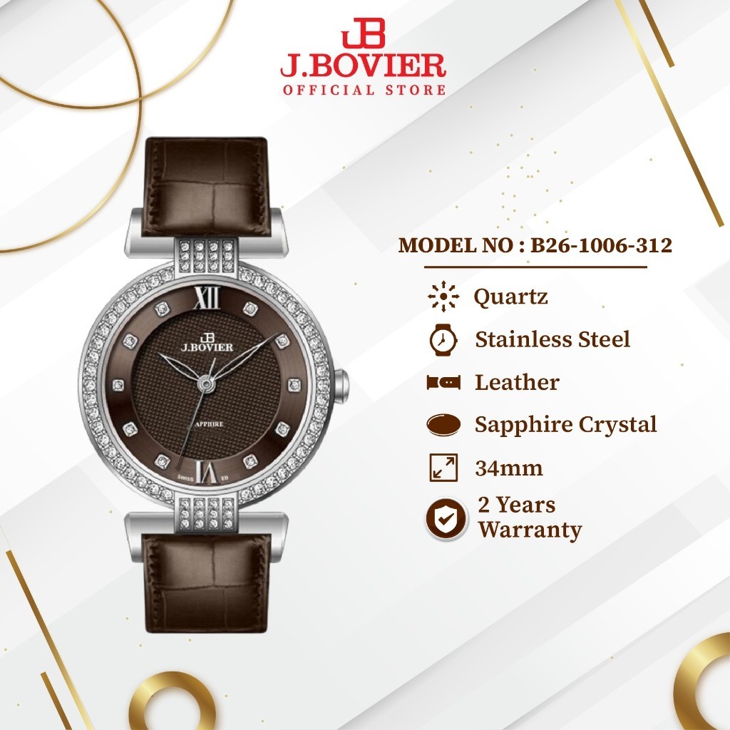 [2 Years Warranty] J.Bovier Leather Quartz Women Watch Jam Tangan Wanita B26-1006-312