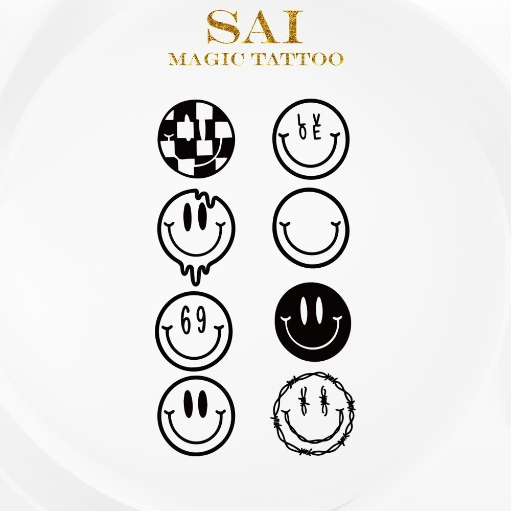 SAI MAGIC TATTOO Lasts to 2 weeks 10CM×06CM Tattoo sticker waterproof long lasting Temporary fake tattoo Watchmen The Comedian Edward Morgan Blake Happy Face Smiley Button Minimalist Small Little Finger Tattoo Wrist Herbal Henna Tattoo 448