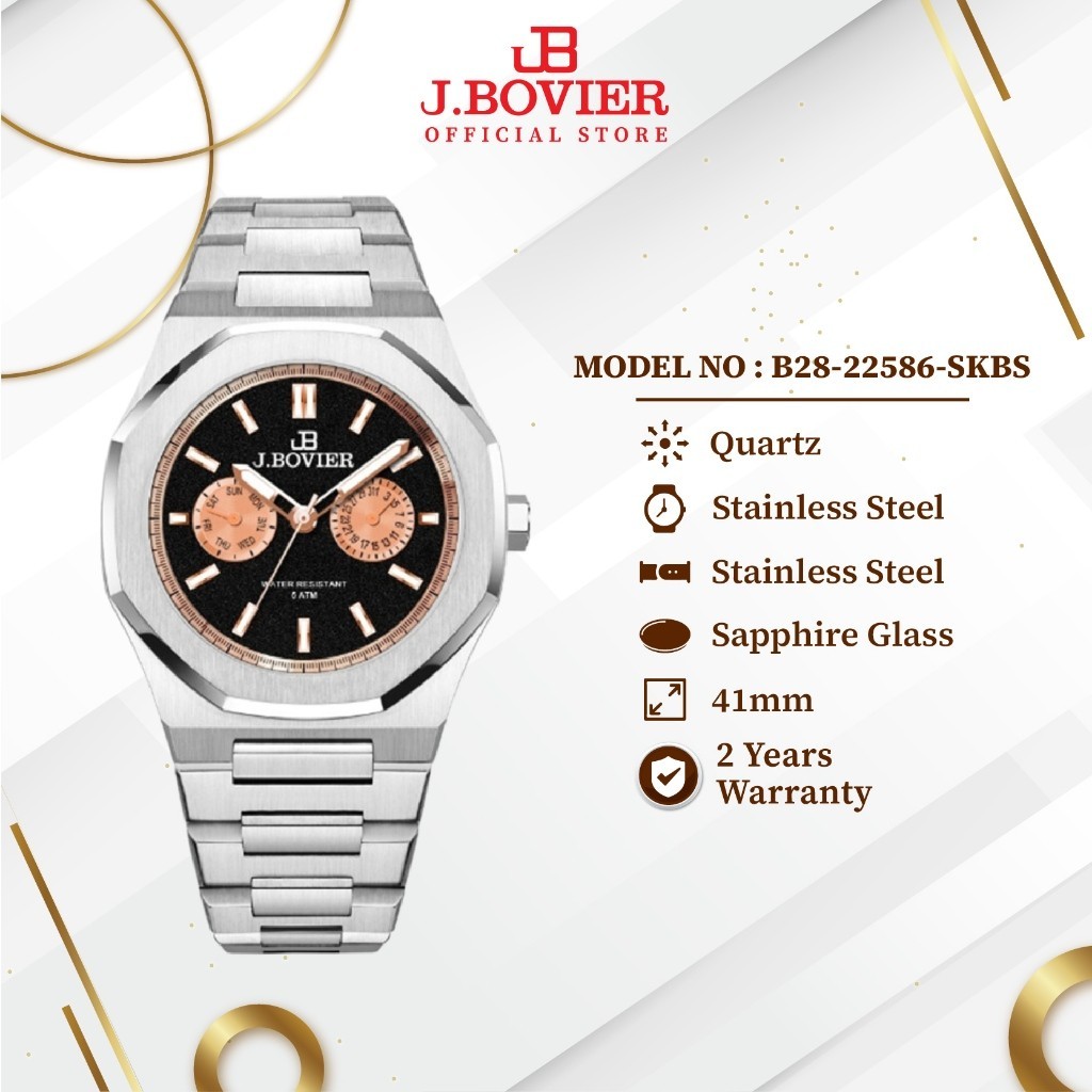 [2 Years Warranty] J.Bovier Stainless Steel Quartz Unisex Watch Jam Tangan Unisex B28-22586-SKBS