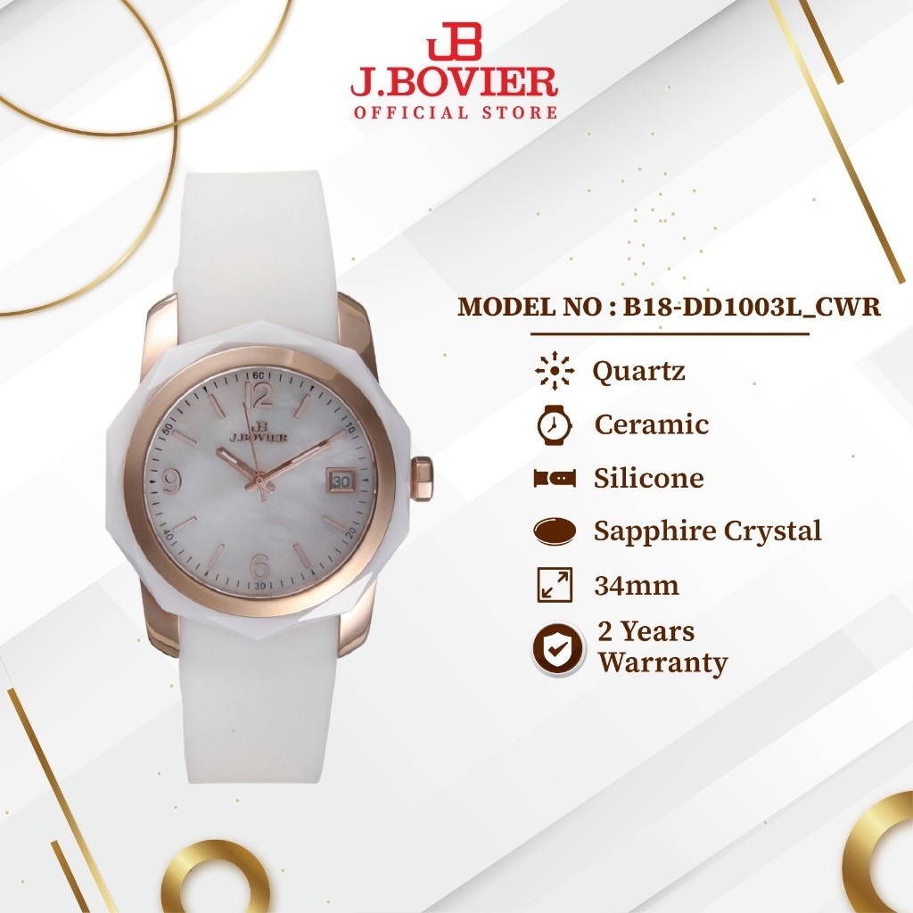 [2 Years Warranty] J.Bovier Ceramic Case Pearl Dial Quartz Women Jam Tangan Wanita  Watch B18-DD1003L_CWR