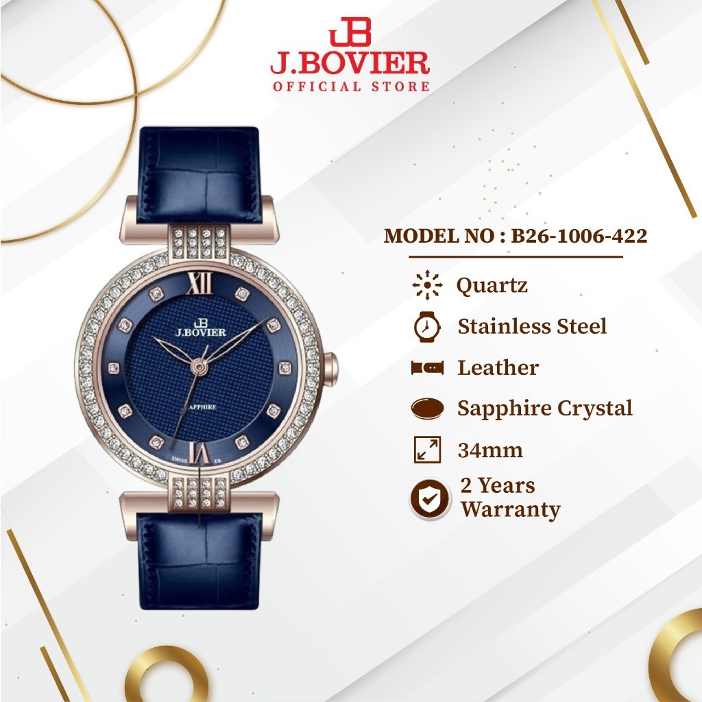 [2 Years Warranty] J.Bovier Leather Quartz Women Watch Jam Tangan Wanita B26-1006-422