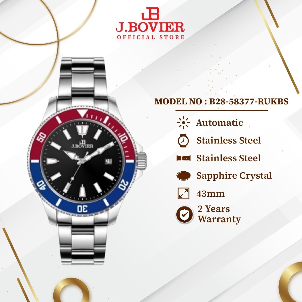 [2 Years Warranty] J.Bovier Japan Movement Automatic Men Watch Jam Tangan Lelaki B28-58377-RUKBS