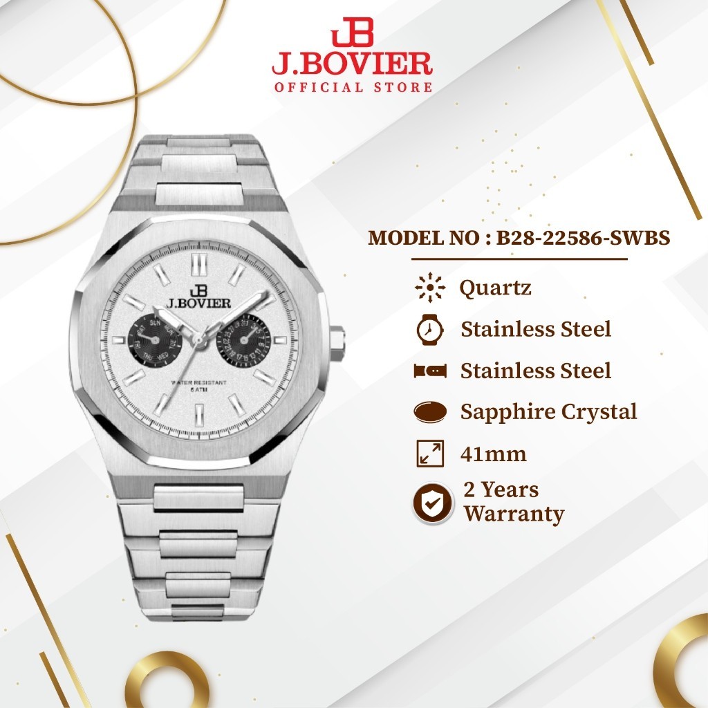 [2 Years Warranty] J.Bovier Stainless Steel Quartz Unisex Watch Jam Tangan B28-22586-SWBS