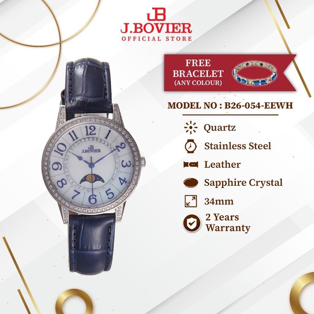 [2 Years Warranty] J.Bovier Moon Phase Quartz Women Watch Jam Tangan Wanita B26-054-EEWH