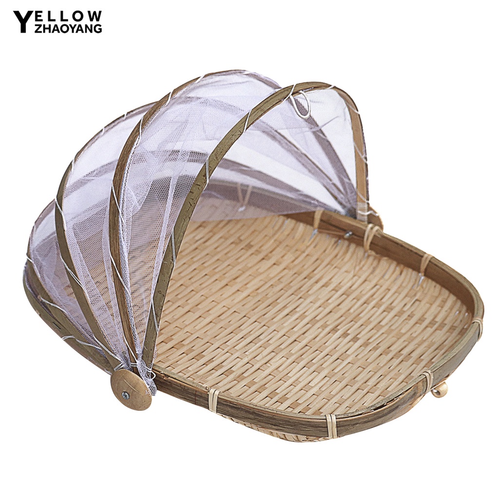 Yell-Bamboo Woven Food Fruit Anti Flies Insect Net Mesh Cover Tent Storage Basket