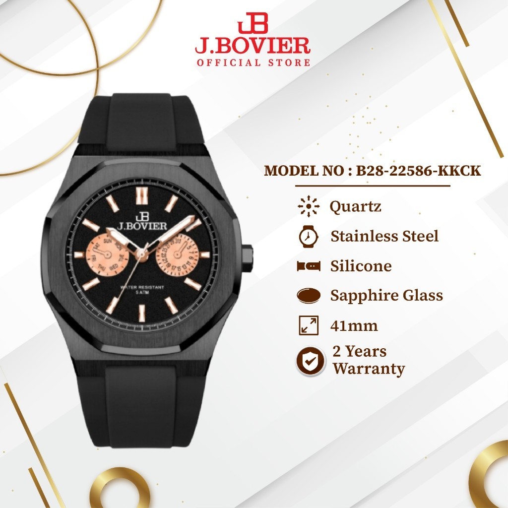 [2 Years Warranty] J.Bovier Silicone Strap Quartz Unisex Watch Jam Tangan Unisex B28-22586-KKCK