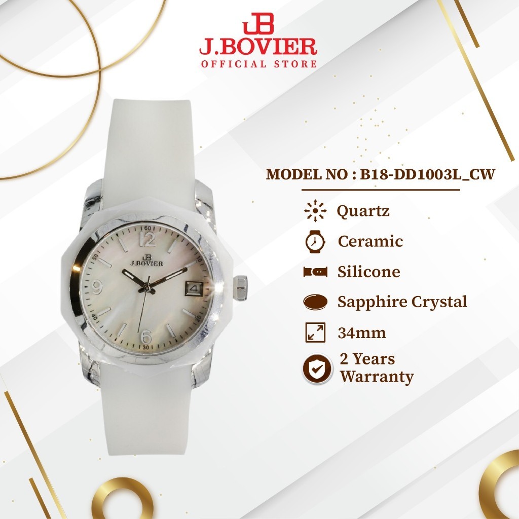 [2 Years Warranty] J.Bovier Ceramic Case Pearl Dial Quartz Women Watch Jam Tangan Wanita B18-DD1003L_CW