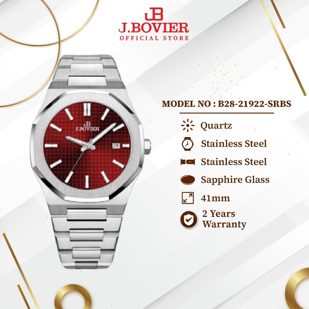 [2 Years Warranty] J.BOVIER Stainless Steel & Silicone Strap Quartz Women Watch Jam Tangan Wanita B28-21922-SRBS