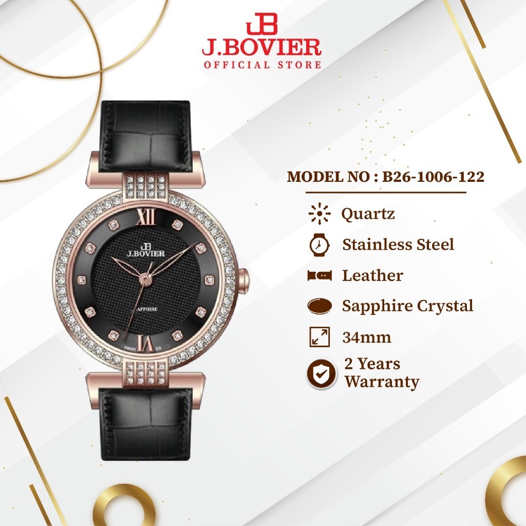 [2 Years Warranty] J.Bovier Leather Quartz Women Watch Jam Tangan Wanita B26-1006-122