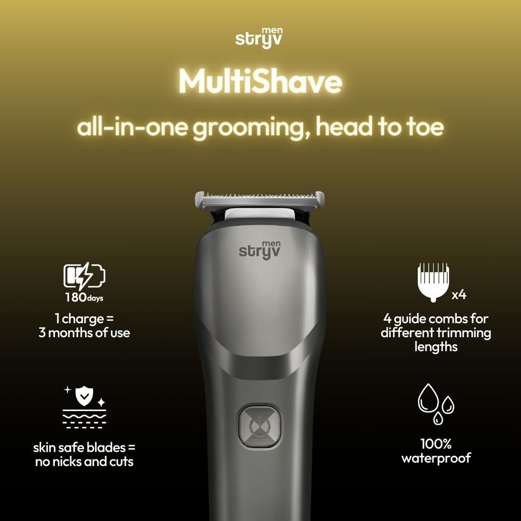 Stryv Men | MultiShave - All-In-One Face, Body & Groin Electric Shaver, 4 Guide Combs, Waterproof