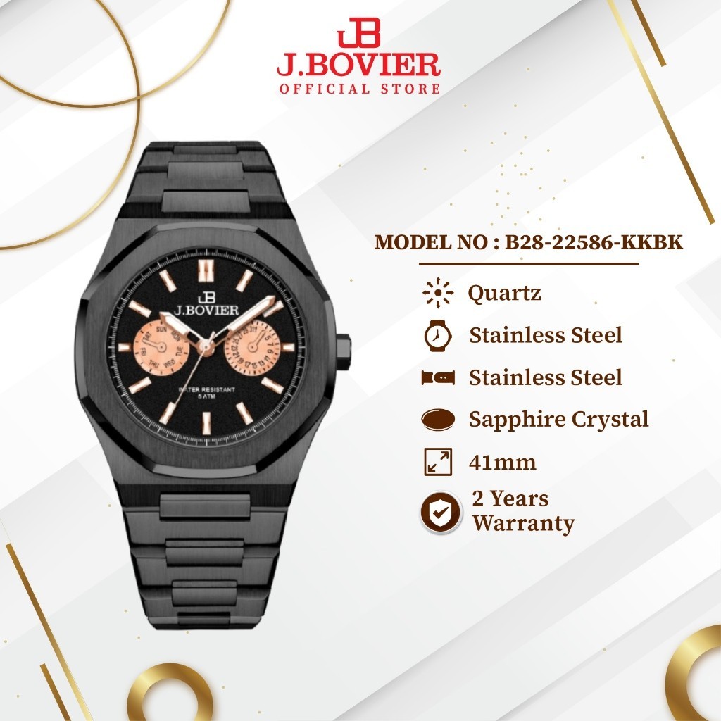 [2 Years Warranty] J.Bovier Stainless Steel Quartz Unisex Watch Jam Tangan Unisex B28-22586-KKBK