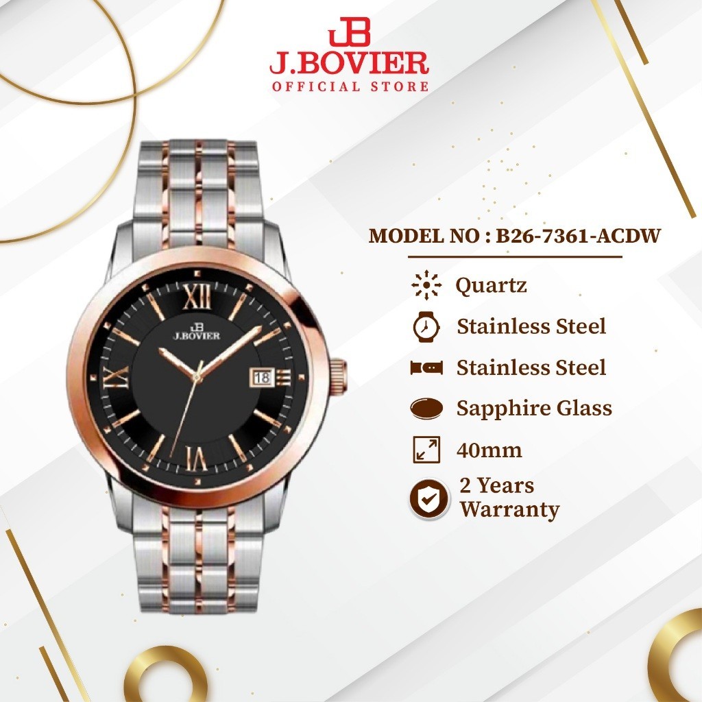 [2 Years Warranty] J.Bovier Quartz Men Watch Jam Tangan Lelaki B26-7361-ACDW