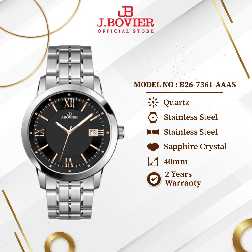 [2 Years Warranty] J.Bovier Quartz Men Watch Jam Tangan Lelaki B26-7361-AAAS