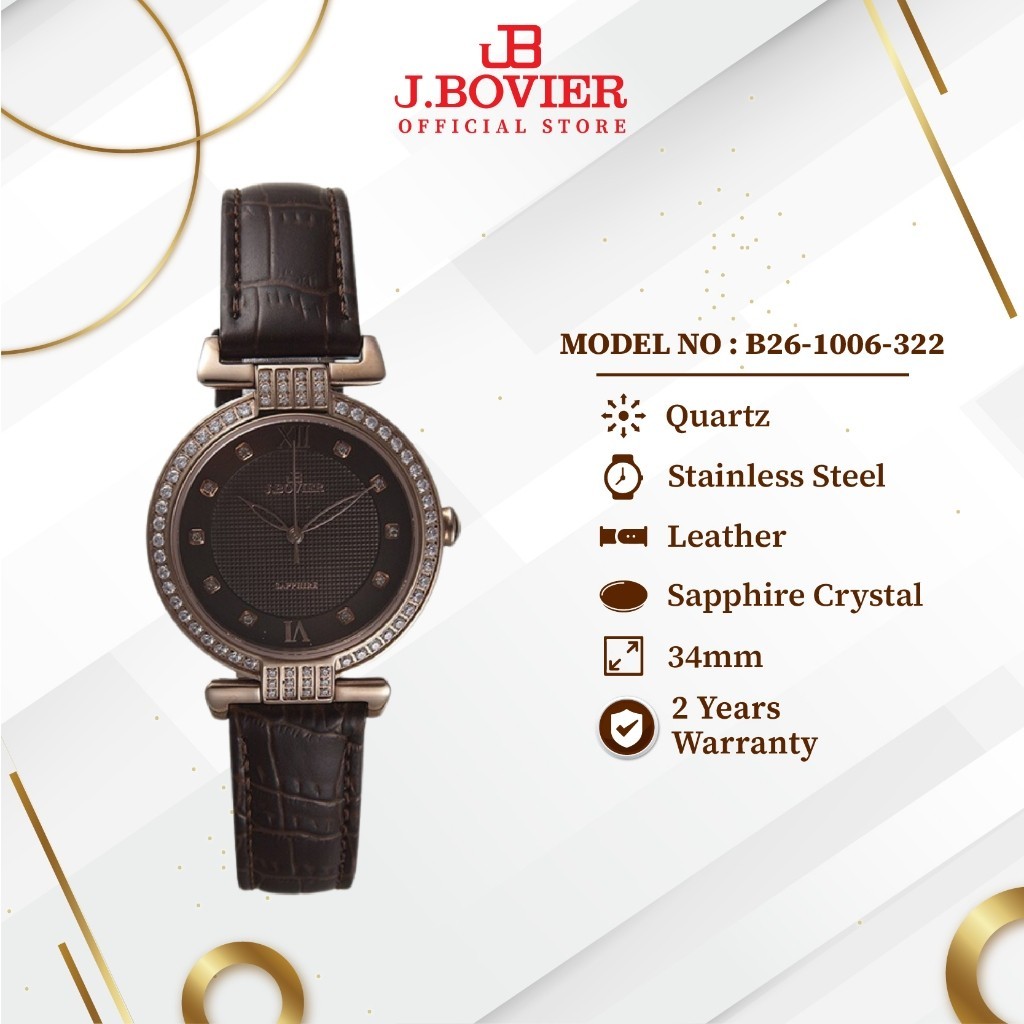 [2 Years Warranty] J.Bovier Leather Quartz Women Watch Jam Tangan Wanita B26-1006-322