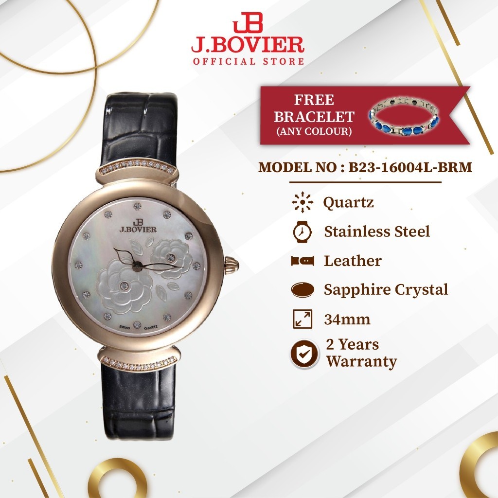 [Free Gift] J.Bovier Swiss Quartz Luxury Women Watch Jam Tangan Wanita B23-16004L-BRM