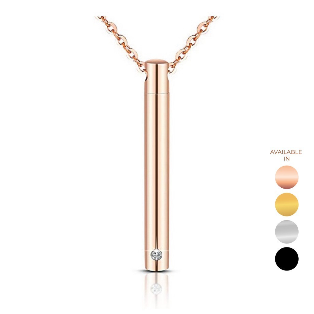 CELOVIS Precious Keepsake Memorial Vertical Cylinder Bar Pendant Chain Necklace ( Rose Gold/ Gold/ Silver )