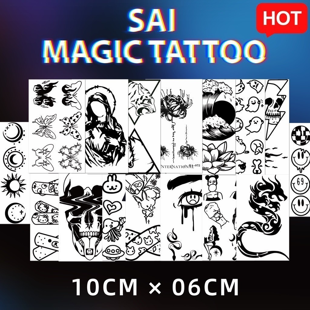 SAI MAGIC TATTOO Lasts to 2 weeks 10CM×06CM Tattoo sticker waterproof long lasting Temporary fake tattoo Small Little Tattoo Cute Minimalist Butterfly Angel Girl Cat Dragon Cross Smiley Face onePiece Tribal Anime Zodiac Sign Herbal Henna Tattoo