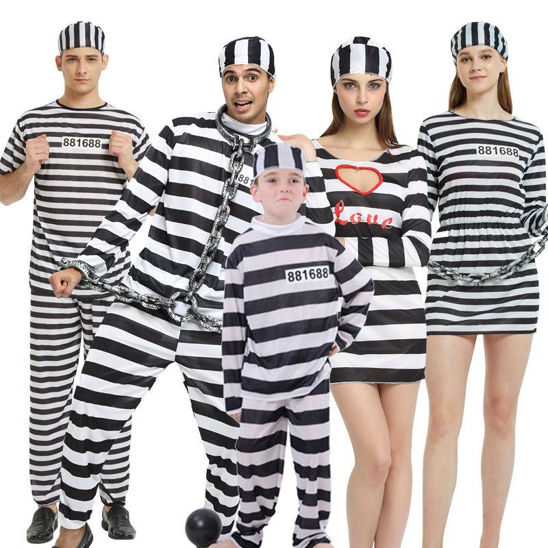 Halloween Adult Strips and Prisoner Clothes Costumes Female Male Prison Uniforms Police Party